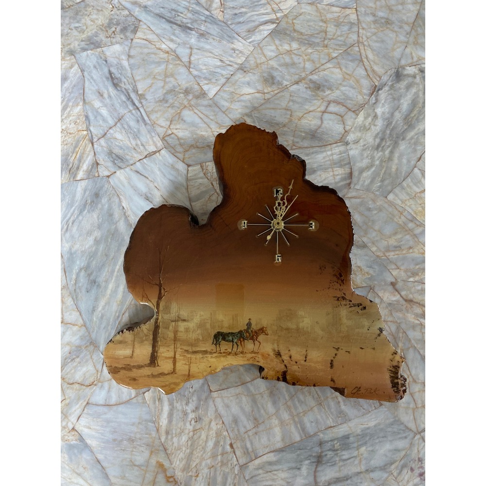 C. Rosencrans Wood Creations Vintage Live Edge Western Cowboy Wall Clock Signed